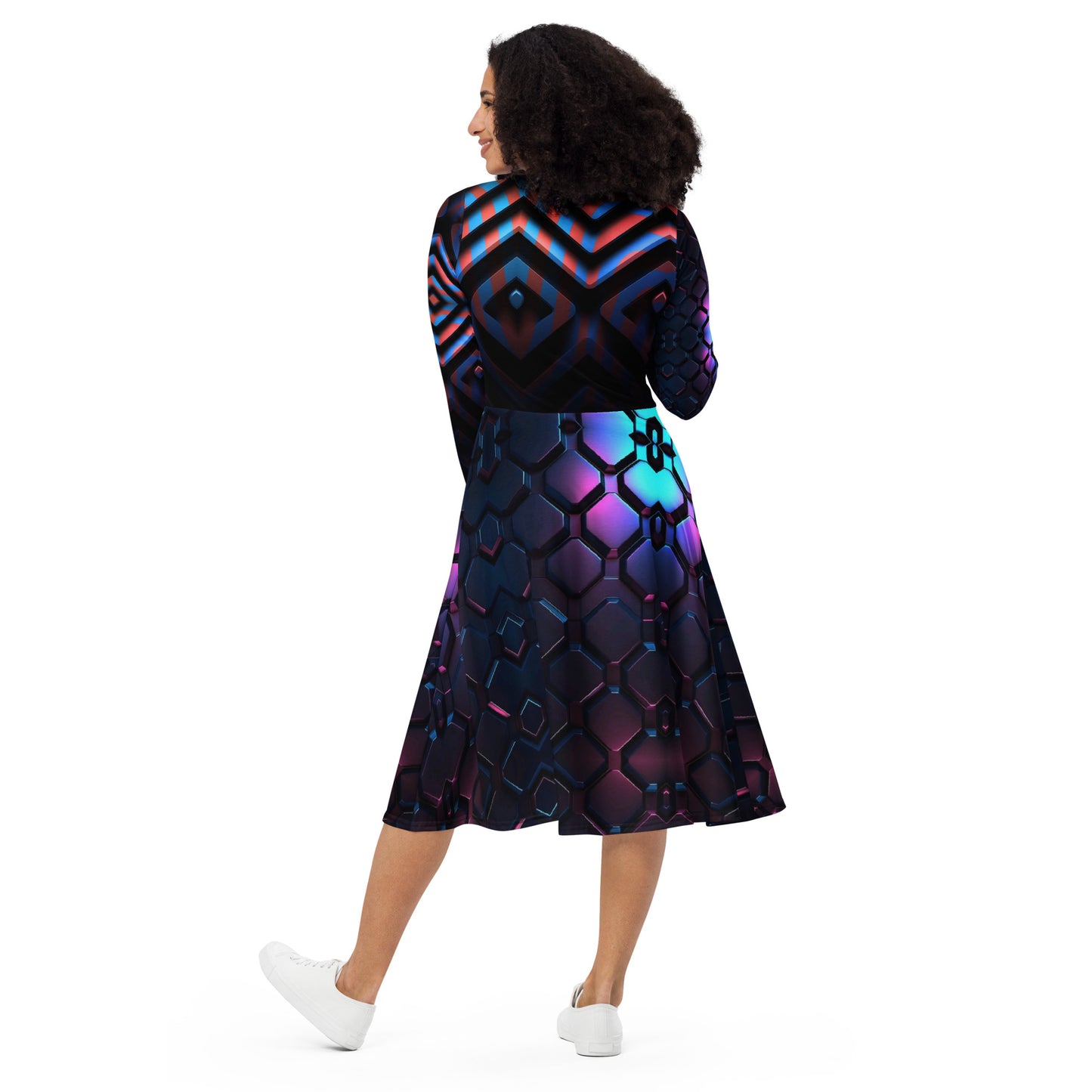 All-over print long sleeve midi dress