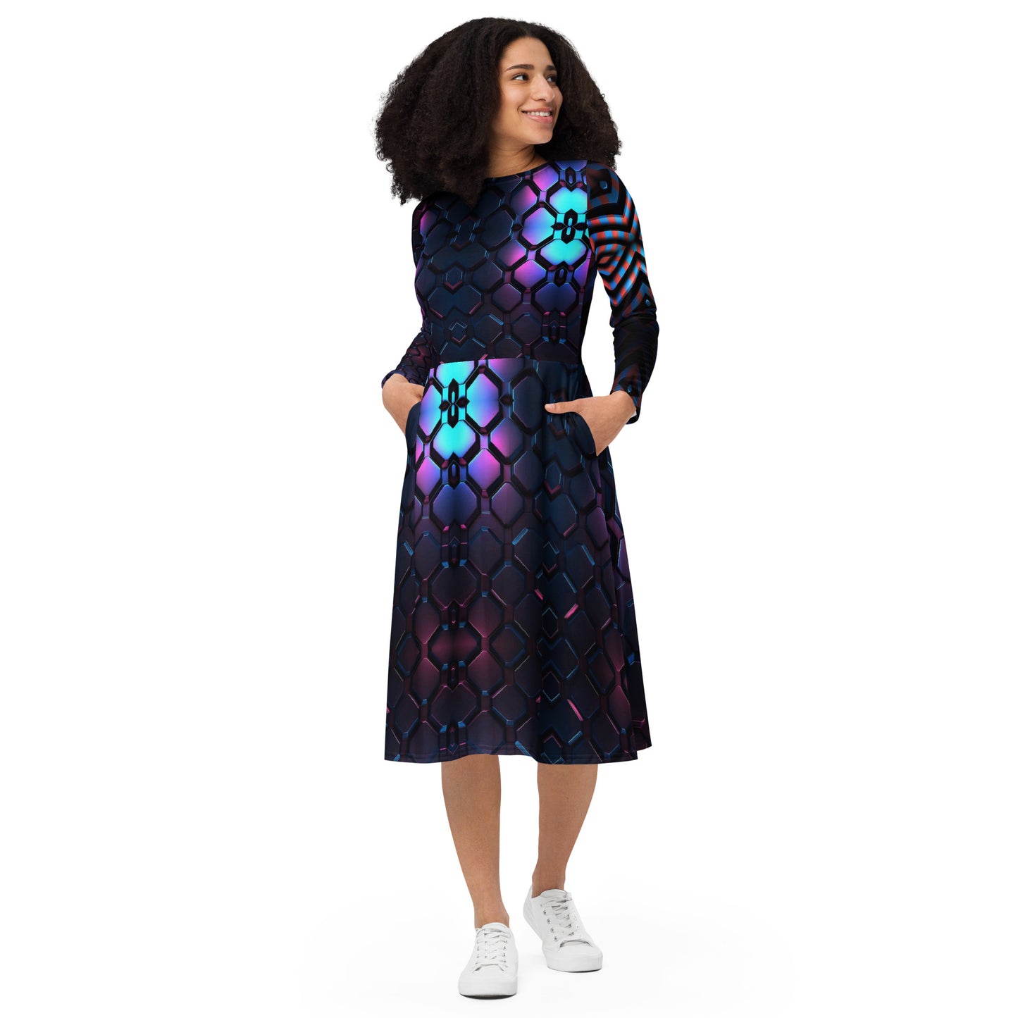 All-over print long sleeve midi dress